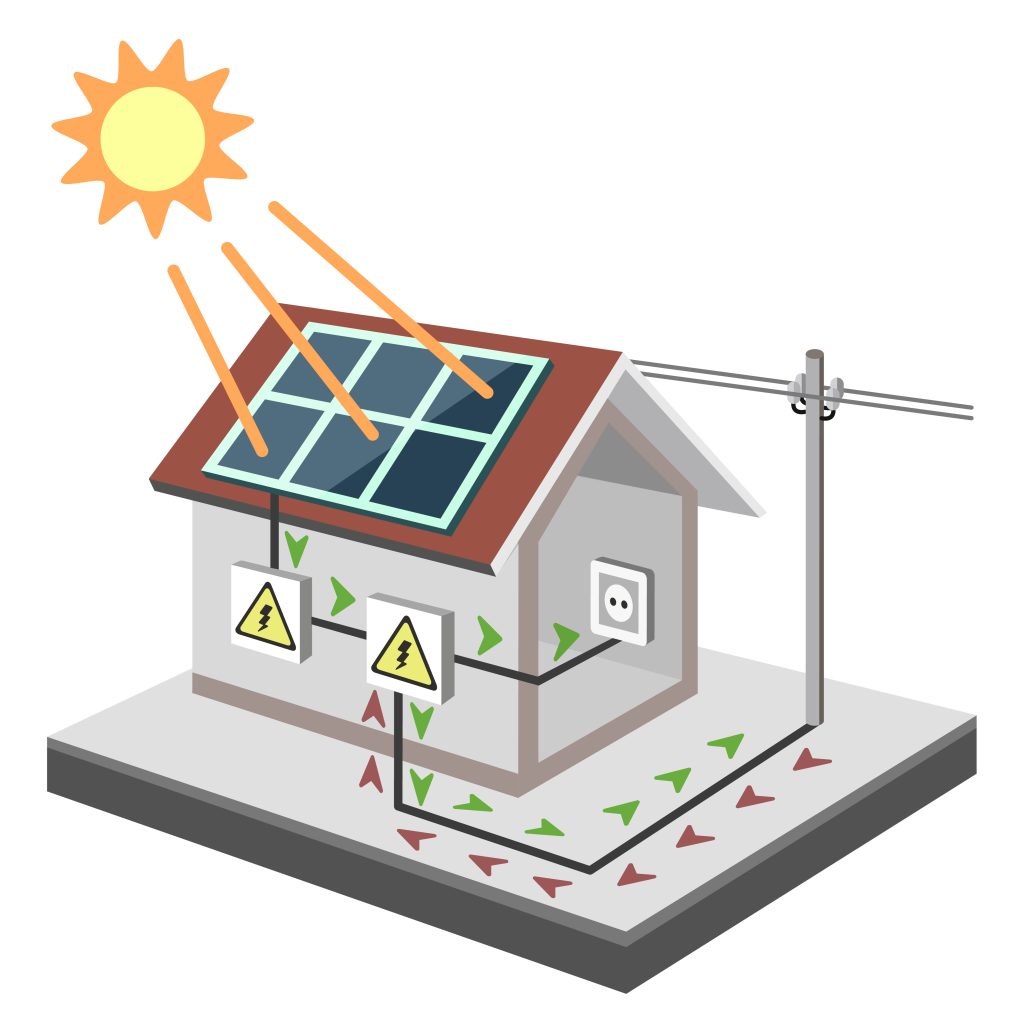 illustration of a house equipped for sale and use solar energy, isolated