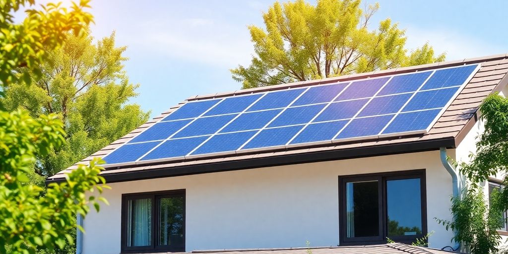 Home with solar panels under clear blue sky.