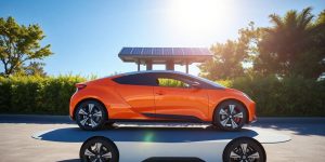 A solar panel car under sunlight with greenery background.