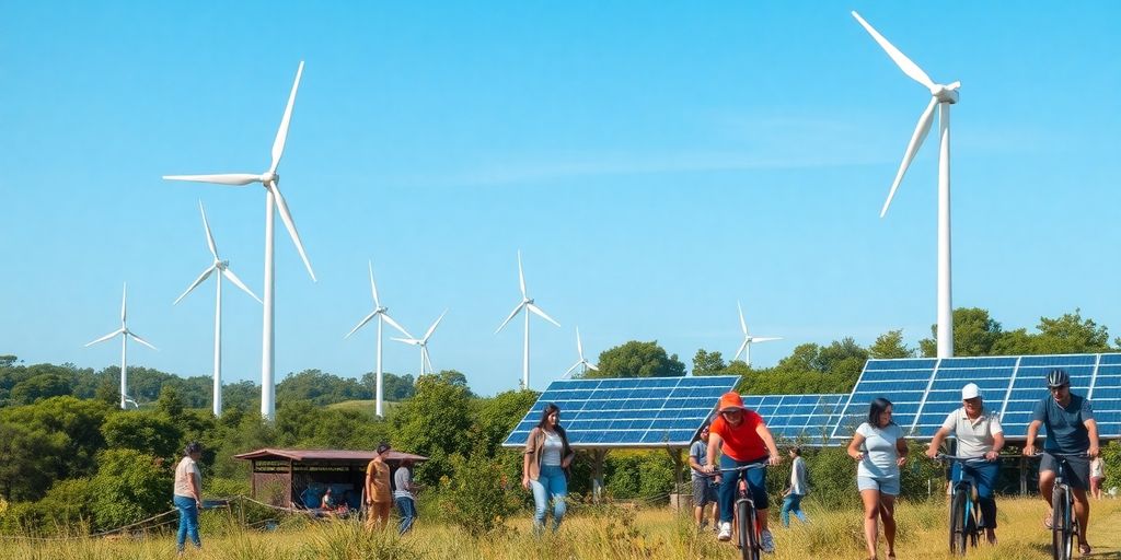 Diverse people in green landscape with renewable energy sources.