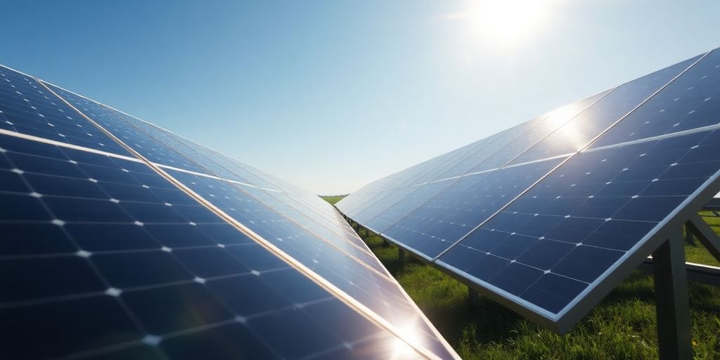 Solar panels in sunlight with green landscape and blue sky.