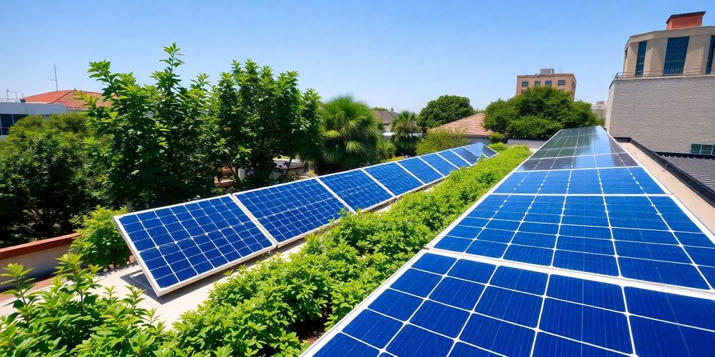 Solar panels on a sunny rooftop with greenery backdrop.
