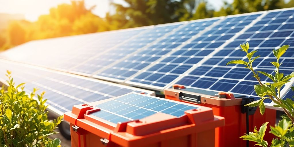 Modern solar battery system with solar panels and greenery.