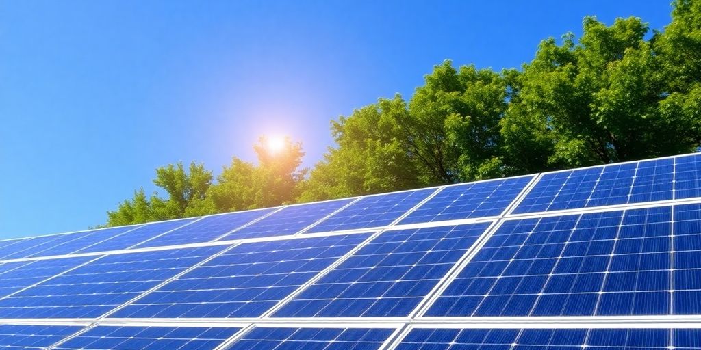 Solar panels under sunlight with green landscape around.