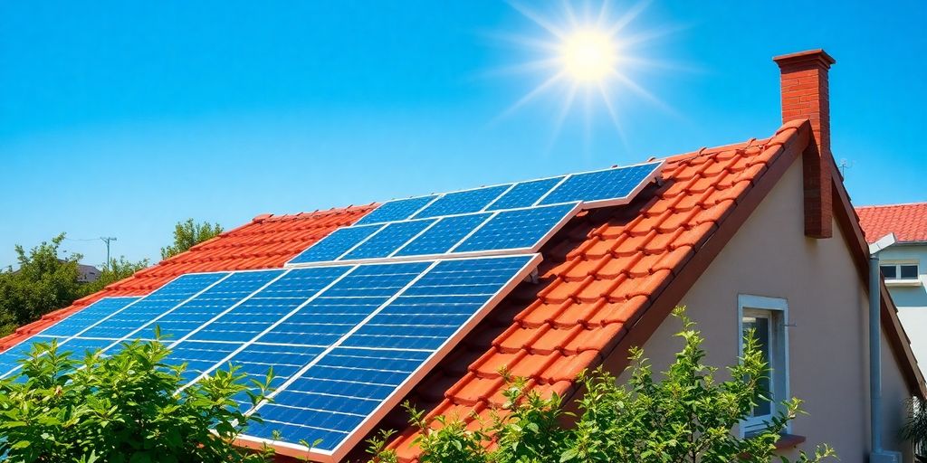 Solar panels on a rooftop under a clear blue sky.