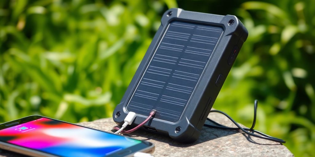 Solar power bank charging devices in natural outdoor setting.