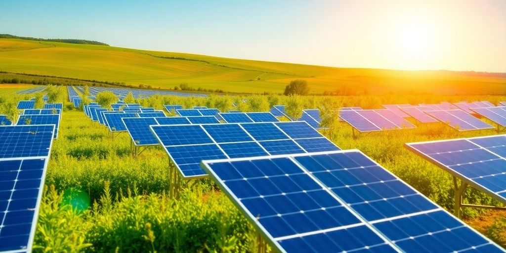 Solar panels in a green field under sunny skies.
