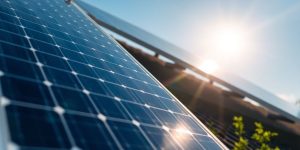 Close-up of solar panels on a roof with sunlight.