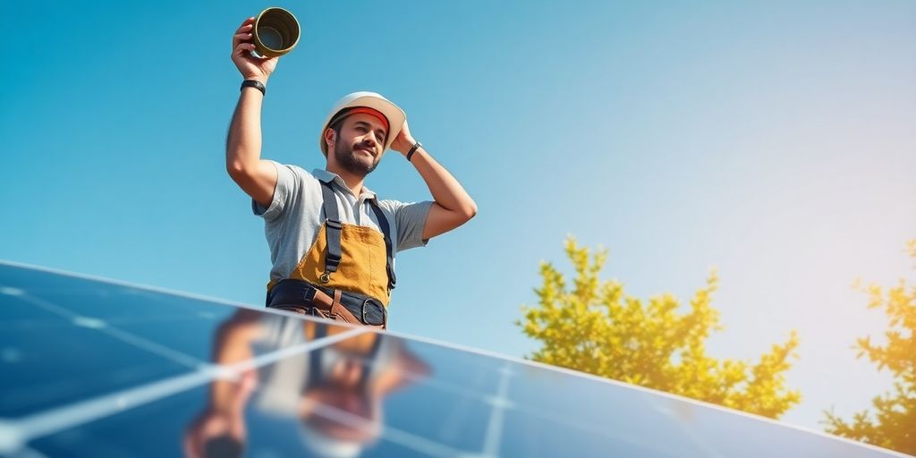Solar installer working on rooftop solar panels under sunlight.