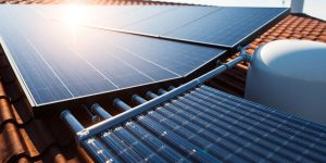 Solar panels on a roof for hot water system.