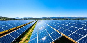 Solar panels in a lush landscape promoting renewable energy.