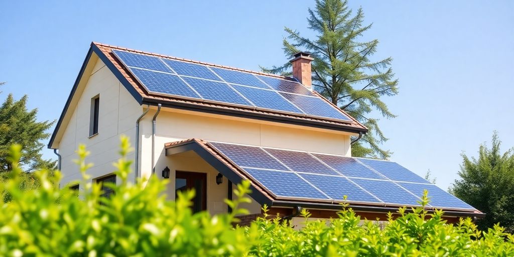 Modern home with solar panels under bright sunlight.