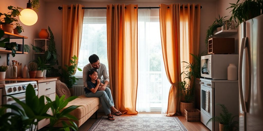 Family in a cozy home practicing energy conservation.
