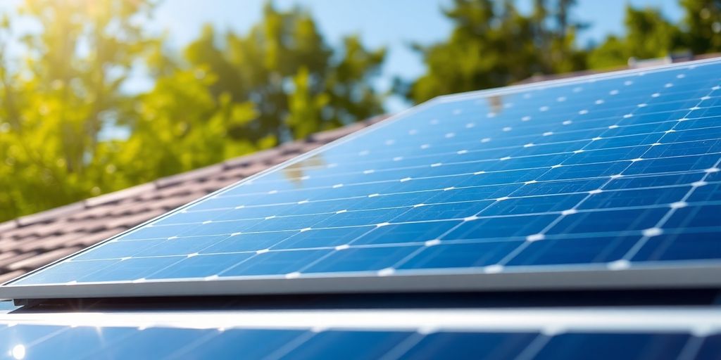 Solar panel on a roof under bright sunlight.