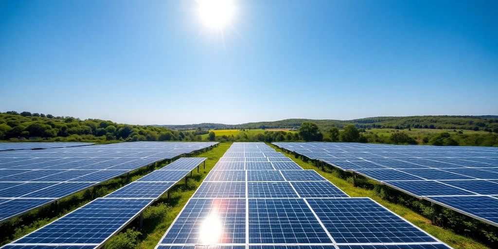 Solar panels in a green field under a blue sky.