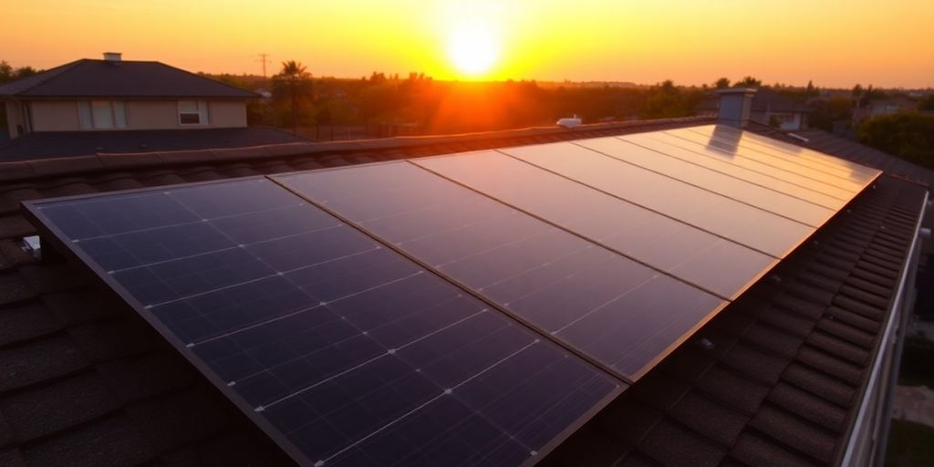 Solar panels on a roof at sunset.