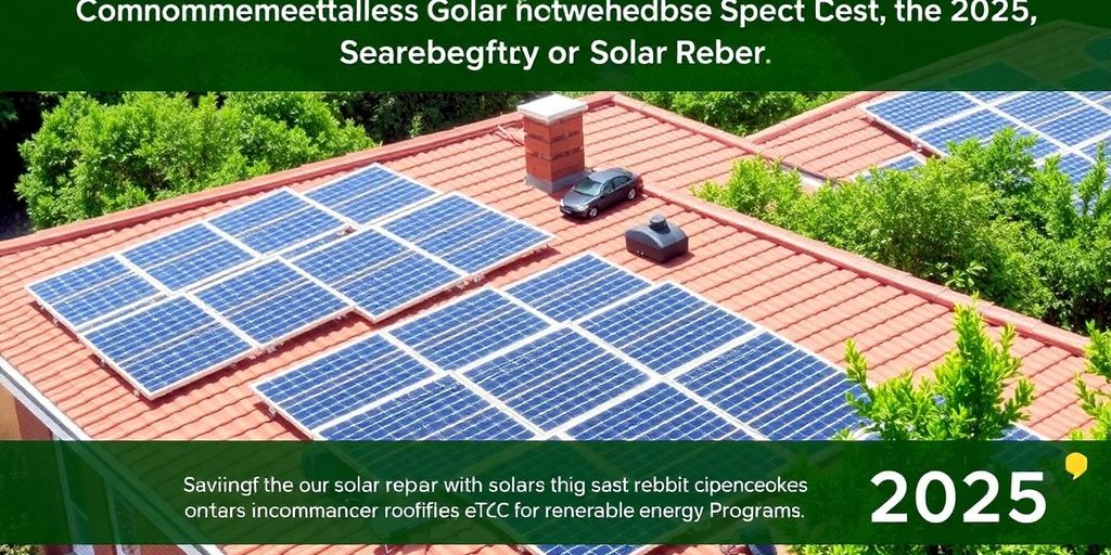 Rooftop solar panels under sunlight with greenery around.