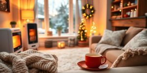 Cozy living room with electric heater and winter decor.