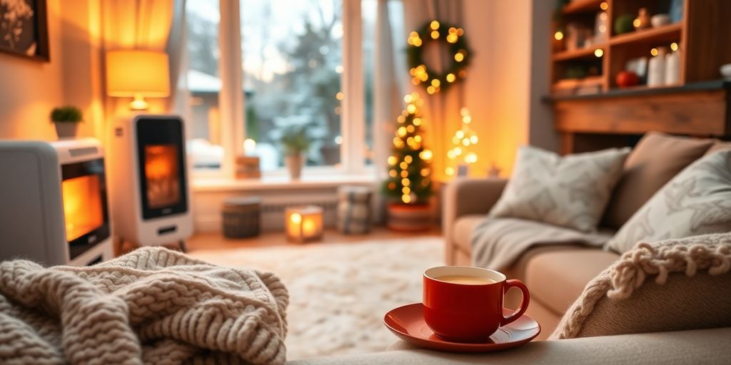 Cozy living room with electric heater and winter decor.