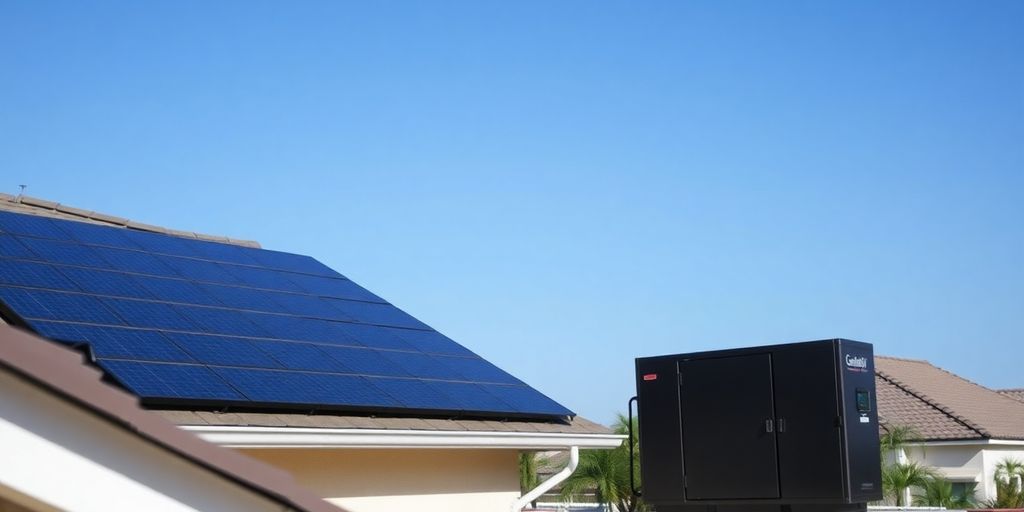Rooftop solar panels, home battery, blue sky.