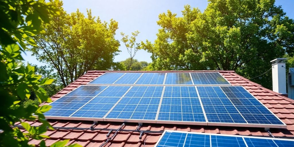 Rooftop solar panels under a clear blue sky.