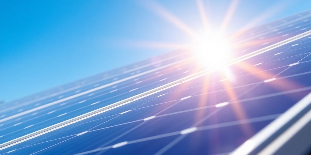 Solar panels gleaming in sunlight against a blue sky.