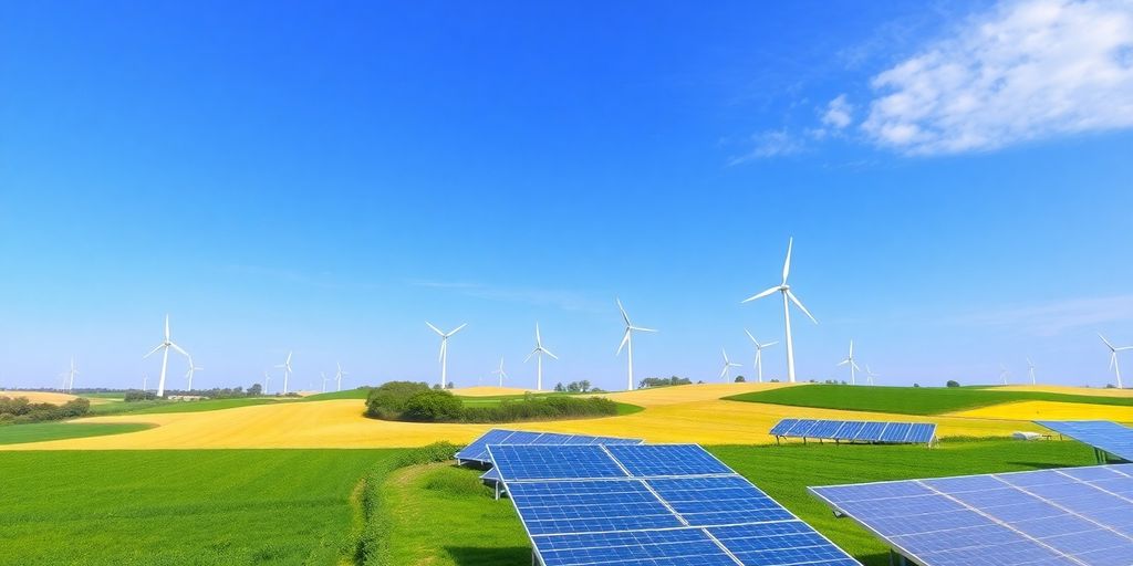 Green fields with wind turbines and solar panels in sunlight.