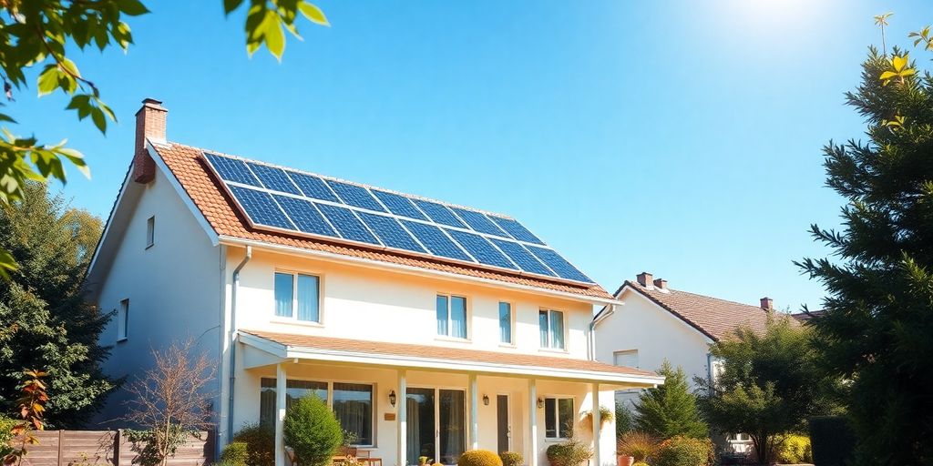 Residential home with solar panels in sunny environment.