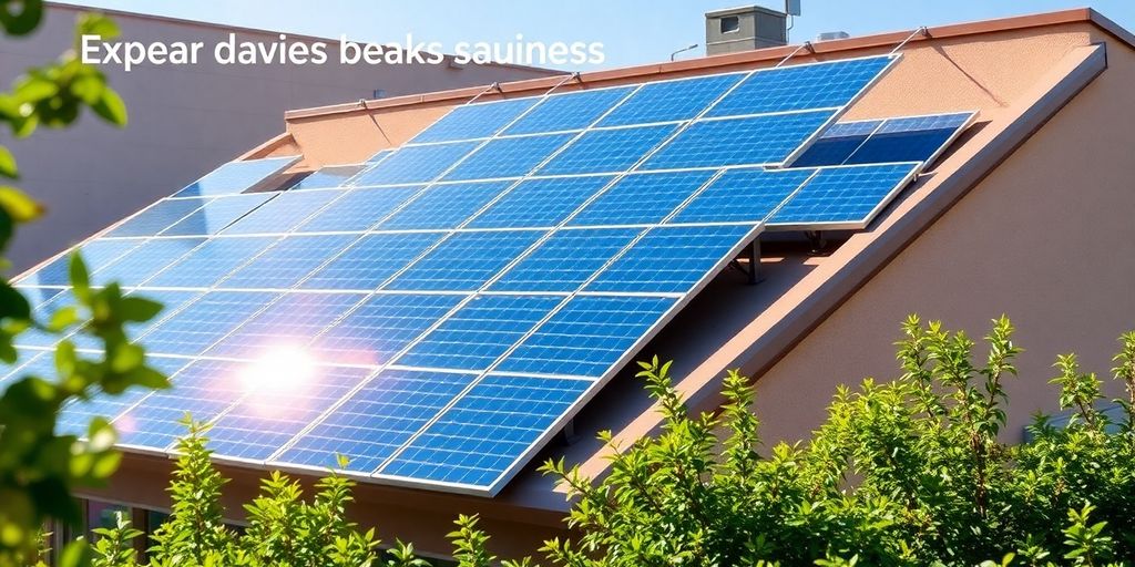 Solar panels on a business roof under bright sunlight.