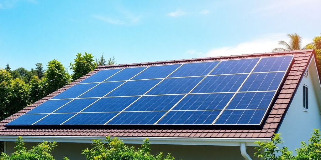 Rooftop solar panels under a clear blue sky.