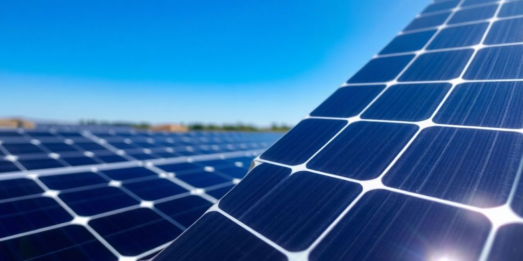 Photograph of photovoltaic cells under sunlight with blurred landscape.