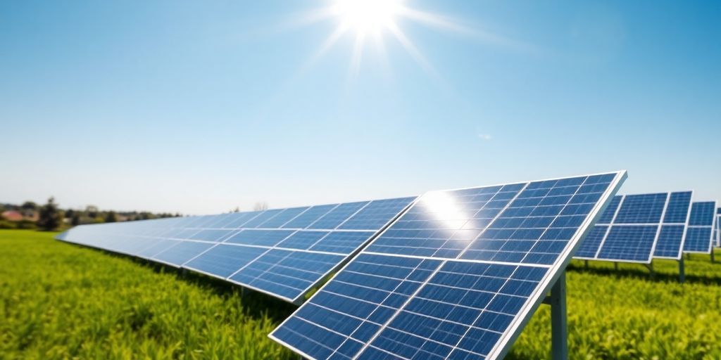 Solar panels in a sunny landscape promoting clean energy.