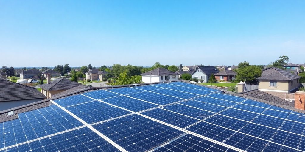 Rooftop solar panels against a suburban backdrop.