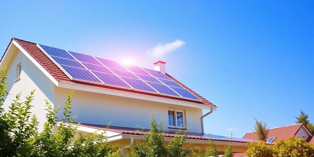 Home with solar panels under a clear blue sky.