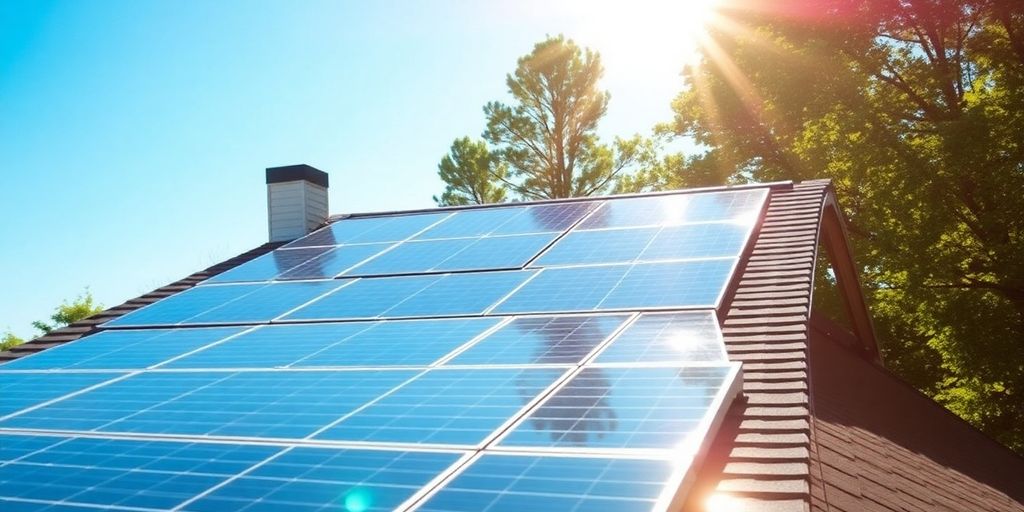 Solar panels on a house roof under sunny skies.