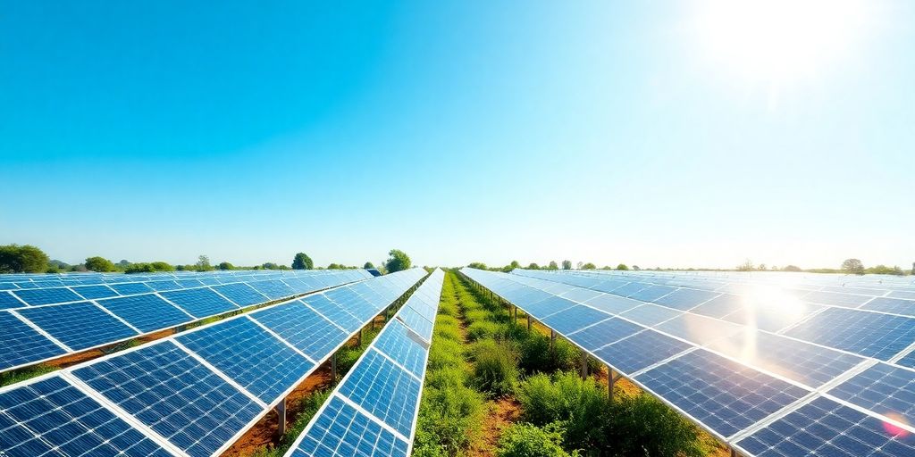 Solar panels in a field under a clear blue sky.