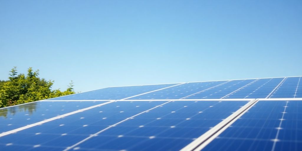 Photograph of solar panels on a rooftop under sunlight.