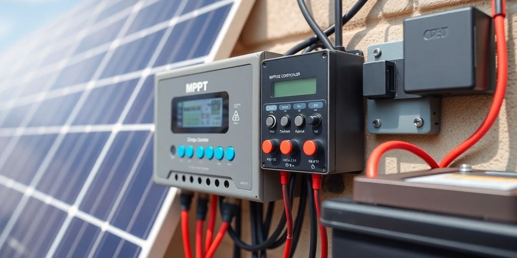 MPPT charge controller in a solar energy system setup.