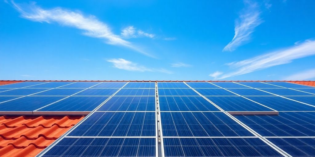Solar panels on a rooftop absorbing sunlight.