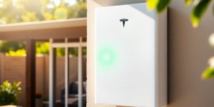 Sleek Tesla Powerwall unit with a green energy glow.
