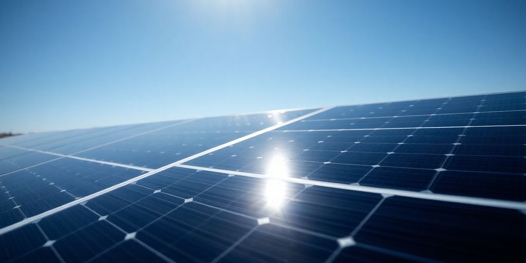 Solar panels, blue sky, sun