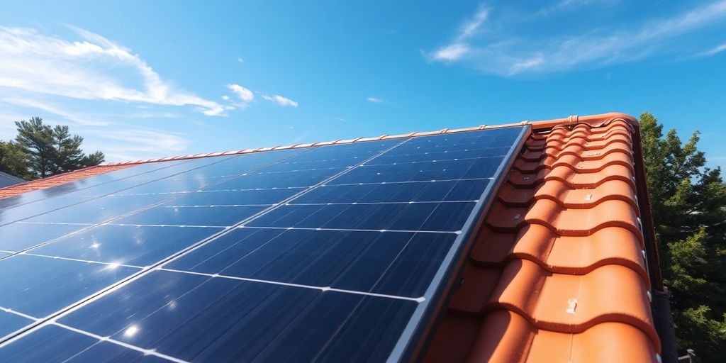 Rooftop solar panels on a sunny home.