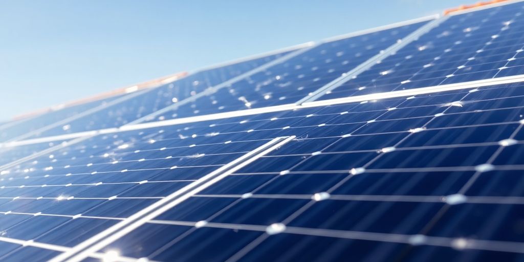 Sunlight hitting solar panels on a rooftop.
