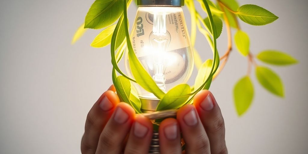 Bright light bulb, green leaves, hands holding money.
