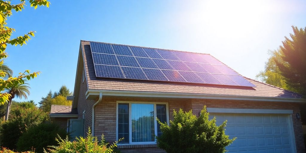 Rooftop solar panels on a suburban home, sunny day.