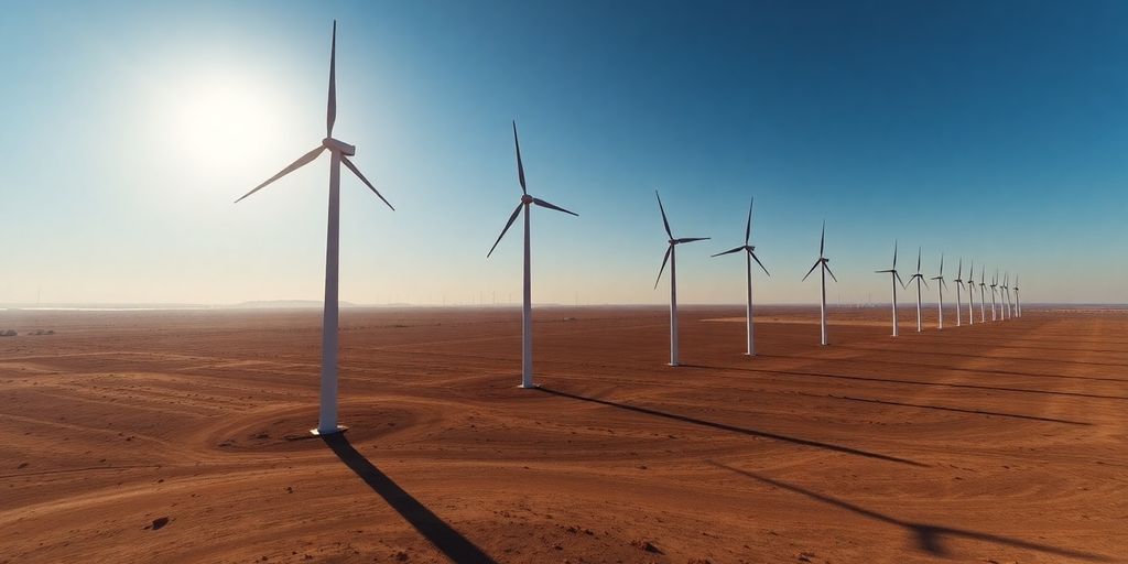Shadowed wind turbines, sun, barren land
