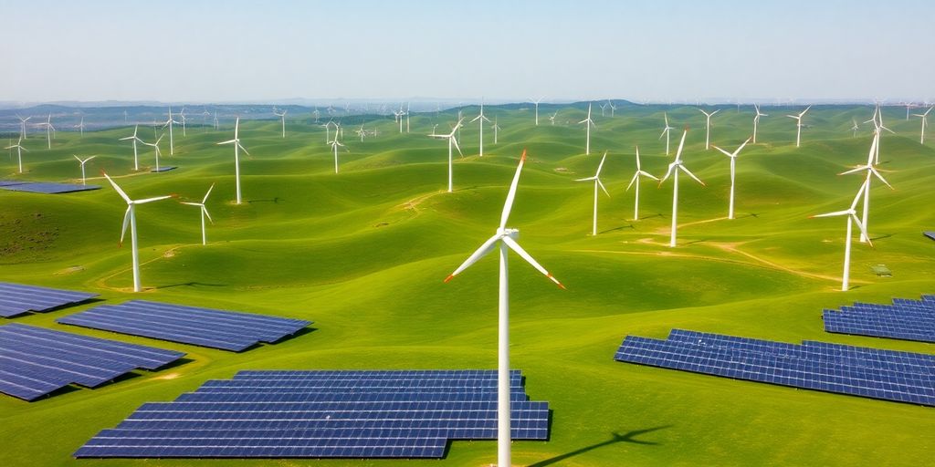 Wind turbines and solar panels in a green landscape.