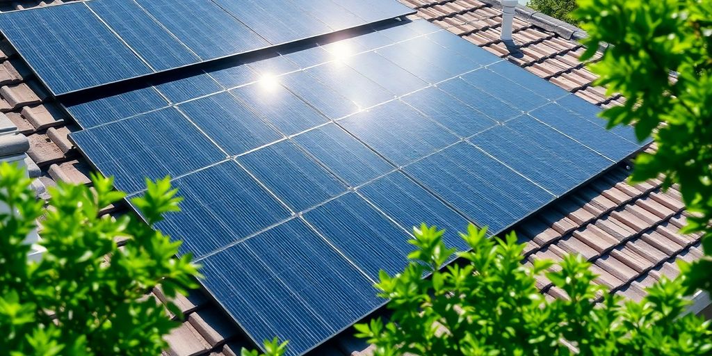 Rooftop solar panels gleam under sun.