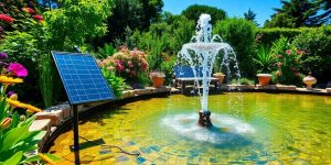 Solar panel powering a water fountain in a garden.