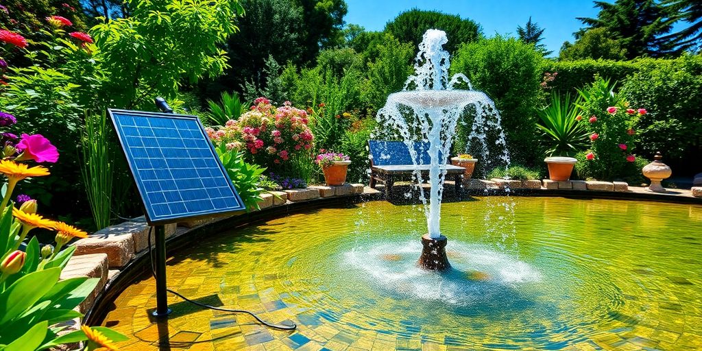 Solar panel powering a water fountain in a garden.